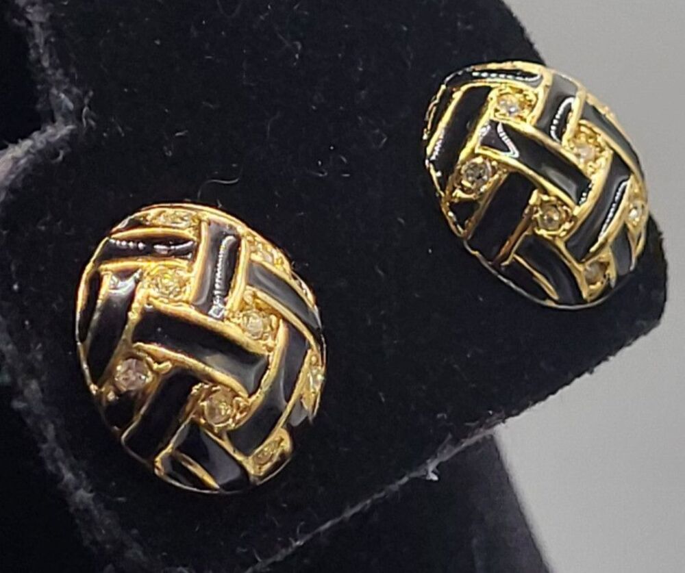 Monet 80s Hald Dome Black Gold Luxury Revival Modernist Collectible Earrings .6"